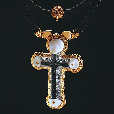 Simon Muscat Goldsmith - <I>Last Supper Crucifix</I>, Carved rutilated quartz, carved white opal, 22k gold, leather, 